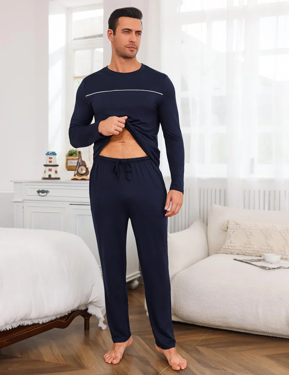 Marvmys Herren Schlafanzug Lang Winter Baumwolle Pyjama Set Rundhals Taschen Verstellbarer Bund Bequeme Nachtwäsche