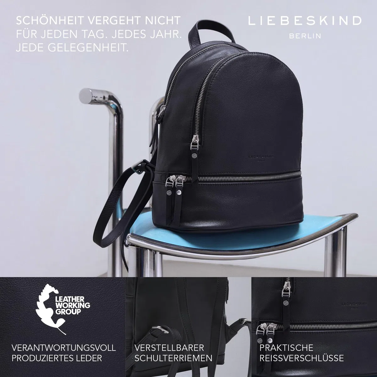 Liebeskind Berlin Rucksack „Alita“ I Hochwertiger Backpack aus weichem Rindsleder mit Reißverschlussfächern und verstellbarem Schulterriemen I Damen-Rucksack