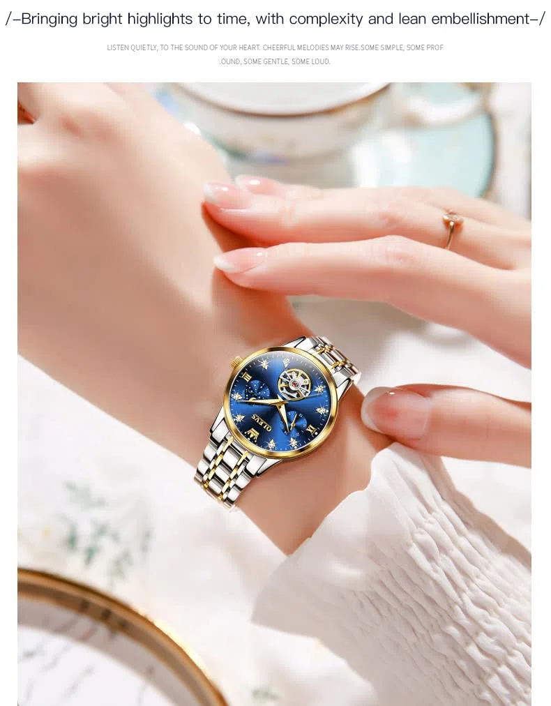 OLEVS Damenuhr Damen Automatik Mechanisch Skelett Diamant Luxus Elegant Edelstahl Wasserdicht Armbanduhr Damen