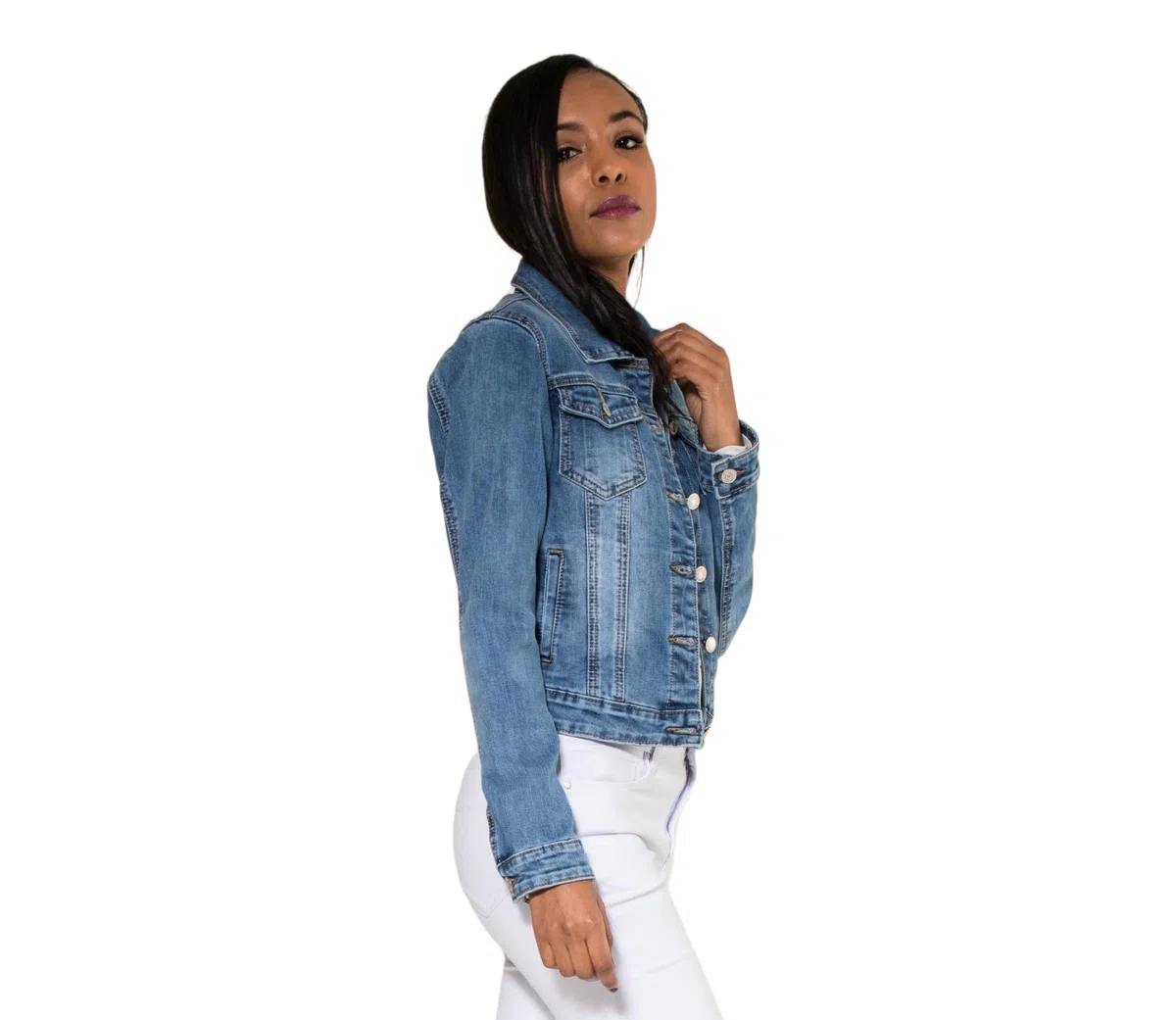 Nina Carter S338 Damen Jeansjacke Übergangsjacke Leichte Waschungseffekt Jacke Blau Denim Casual