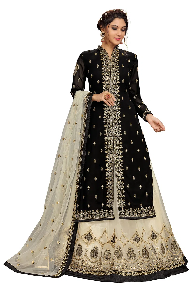 TRENDMALLS Damen Georgette Netz Stickerei Salwar Anzug Set Kurta Lehenga mit Dupatta