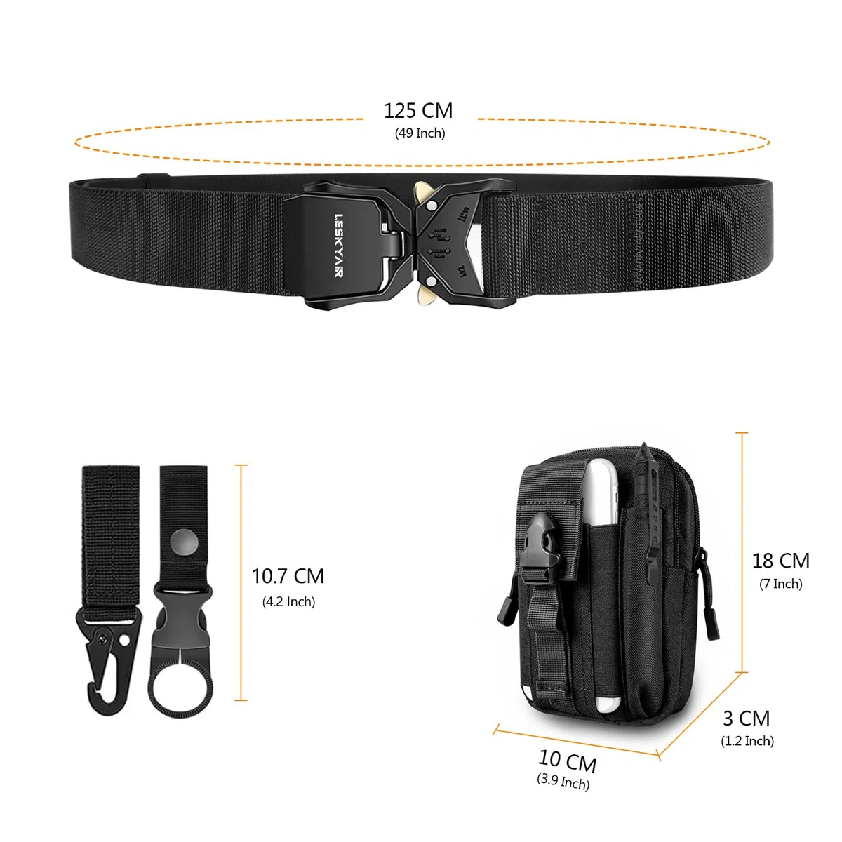 2er Herren Taktischer Gürtel, Arbeitsgürtel Hochleistungsgürtel, Gürtel Militär Wandern 3,8cm Breite, Geschenk mit Molle Beutel und Wasserflaschenclip Haken
