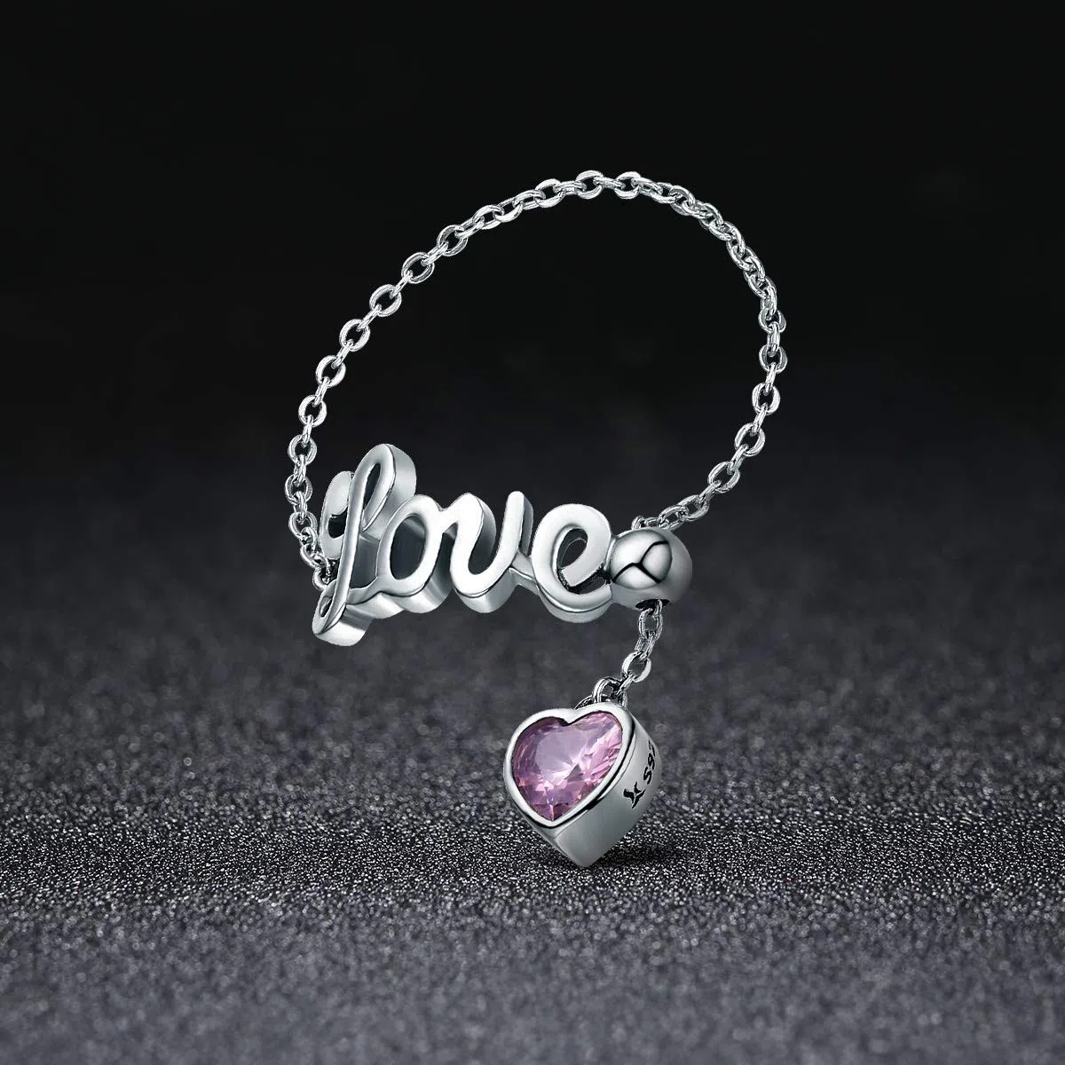 Love Statement Ehering, Sterlingsilber, rosa Kristall, herzförmig, baumelnd, Quaste, Versprechen, Verlobung, offen, verstellbar, Kettenring für Frauen und Mädchen, Unendlichkeitsgeschenk, Geschenk zum