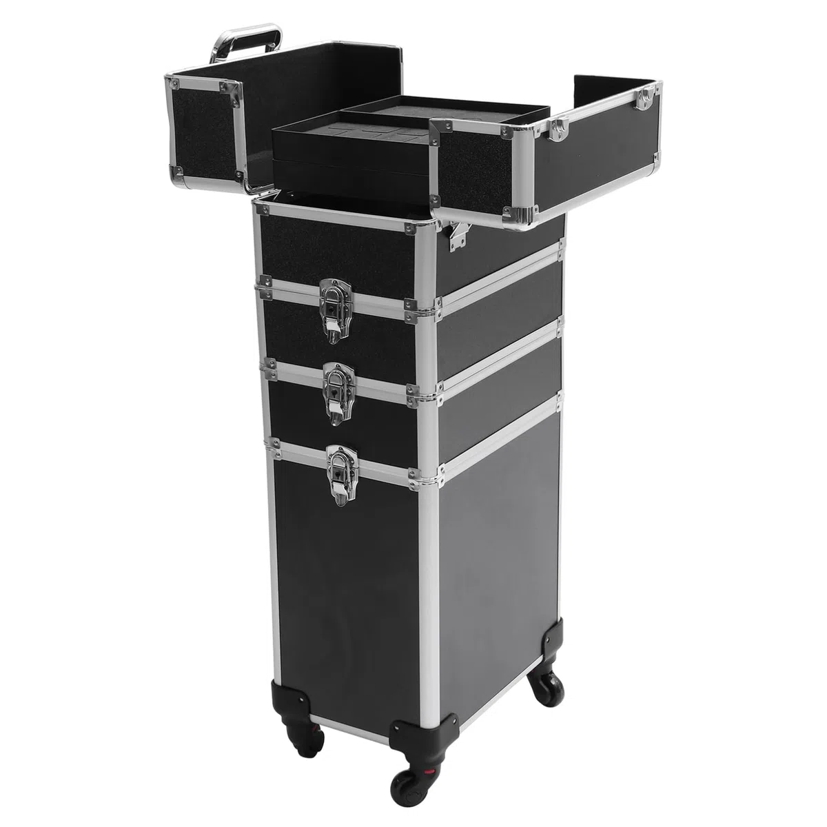 Schwarzer Kosmetikkoffer mit Trolleyfunktion, 4 Ebenen, Aluminiumlegierung