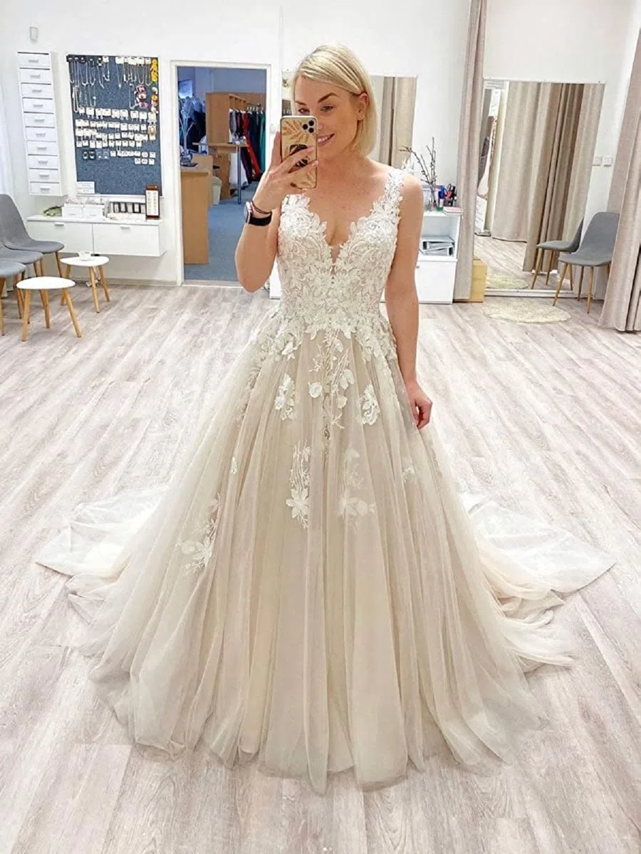 JAEDEN V-Ausschnitt Brautkleider Spitze Hochzeitskleider für Damen A-Linie Tüll Standesamt Kleid mit Schleppe