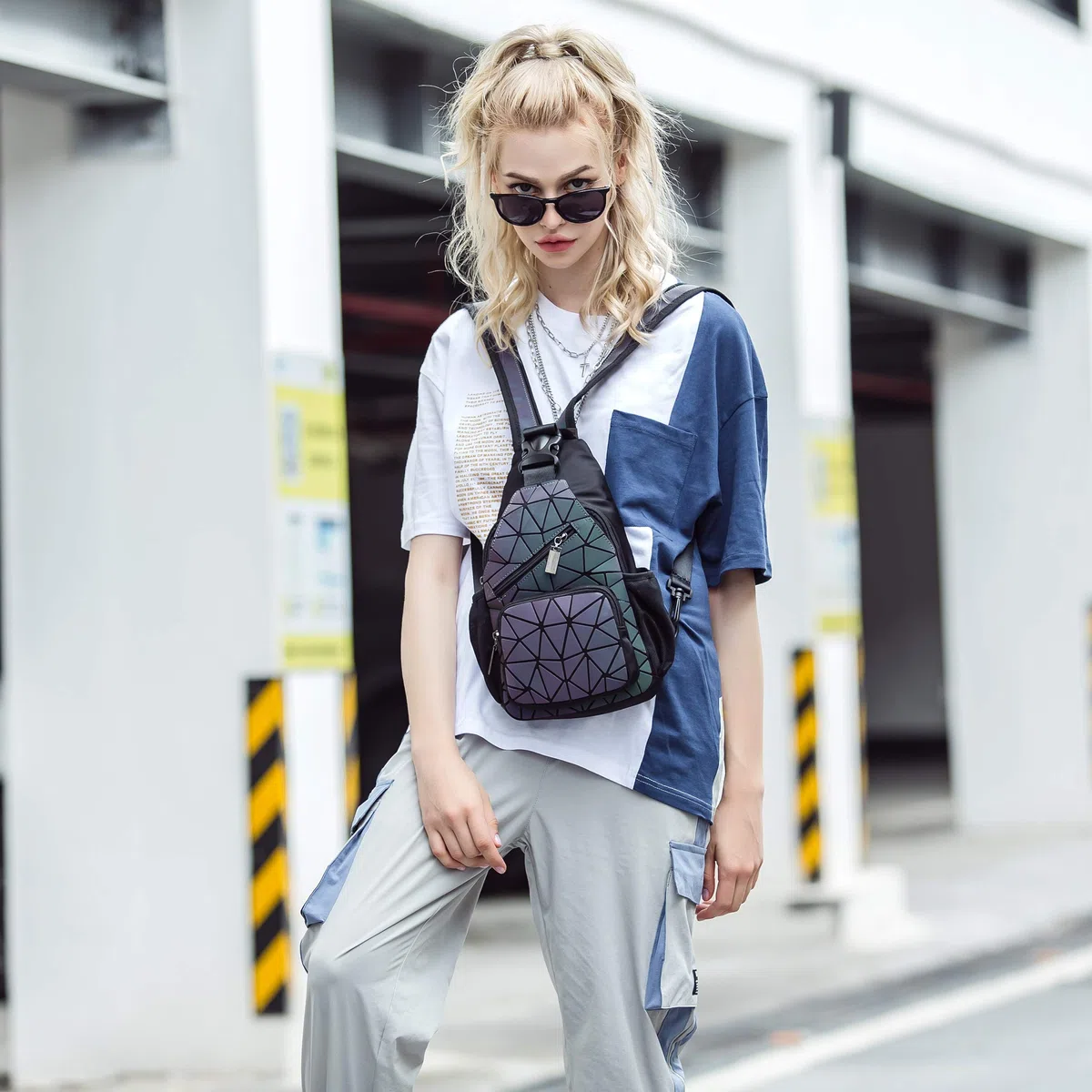Geometrische Umhängetasche Geometrischer Rucksack Damen Leuchtender Holographic Rucksäcke Reflektierend Festival Tasche