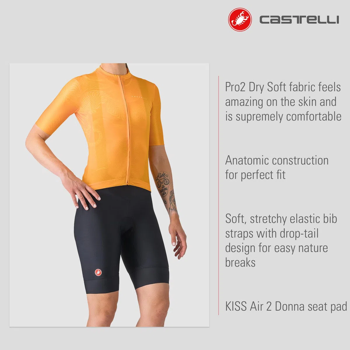 CASTELLI Prima 2 DT Trägerhose für Damen, Endurance-Shorts für Rennrad und Gravel-Biking, Sitzpolster und reflektierende Reiter mit hoher Sichtbarkeit
