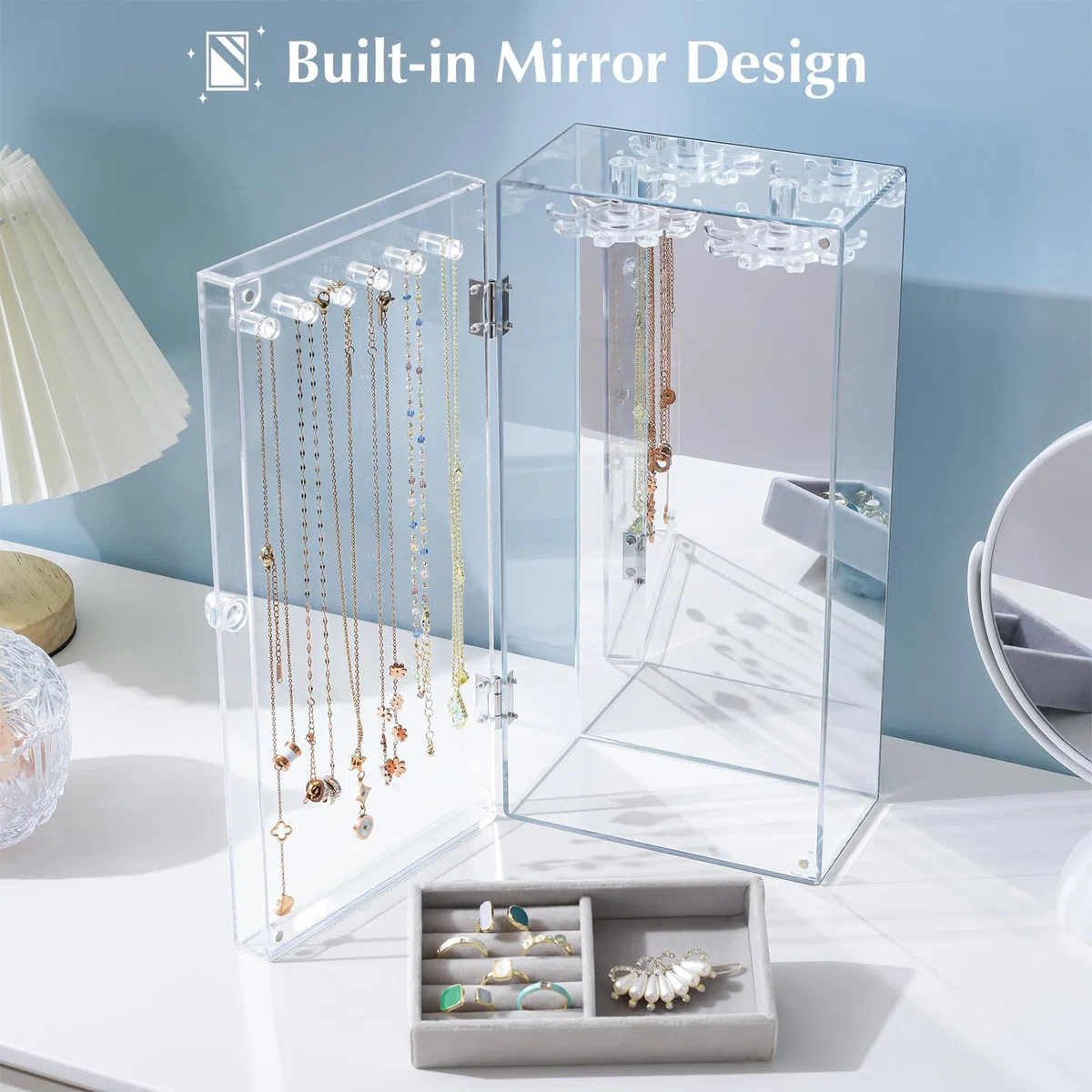 Lolalet Acryl Kettenhalter, Klarer Schmuck Organizer Schmuckständer Box staubdicht Halskette Display Kasten 24 Haken Transparent Schmuck Aufbewahrung Ständer mit Samt Tablett und Spiegel -Klar
