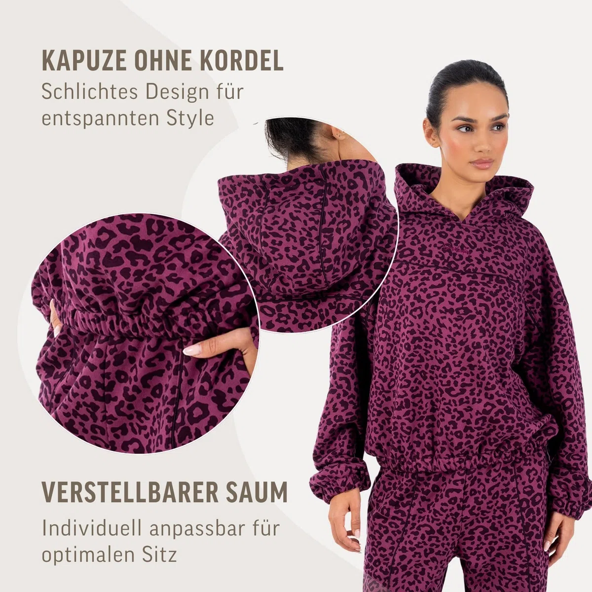 SMILODOX Hoodie Damen Siara, Relaxed Fit Swaeter, Kapuzenpullover mit Leo Print Muster, Verstellbarer Kordelzug, Weiches Sweat-Material, Lässiger Look, Gym Hoodie, Freizeit, Alltag
