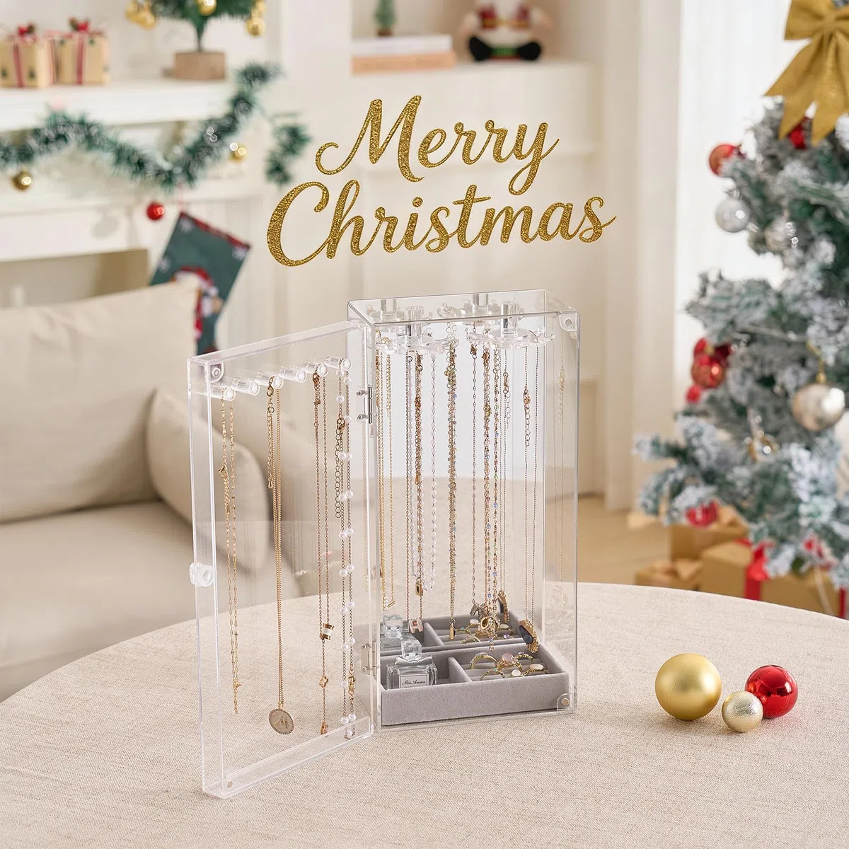 Lolalet Acryl Kettenhalter, Klarer Schmuck Organizer Schmuckständer Box staubdicht Halskette Display Kasten 24 Haken Transparent Schmuck Aufbewahrung Ständer mit Samt Tablett und Spiegel -Klar