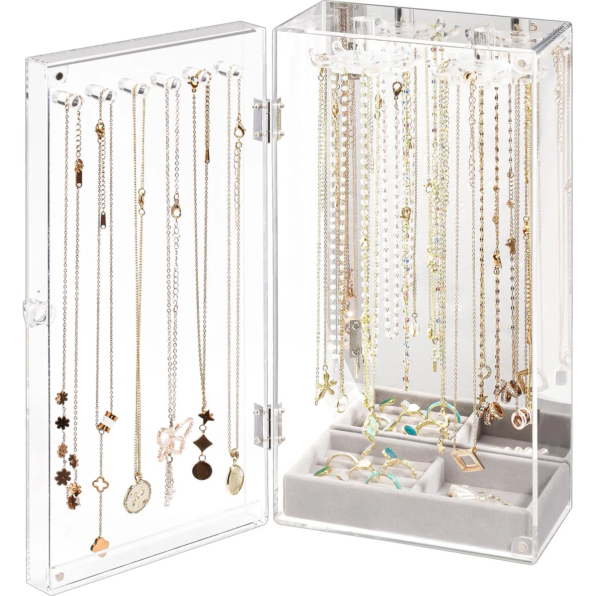 Lolalet Acryl Kettenhalter, Klarer Schmuck Organizer Schmuckständer Box staubdicht Halskette Display Kasten 24 Haken Transparent Schmuck Aufbewahrung Ständer mit Samt Tablett und Spiegel -Klar