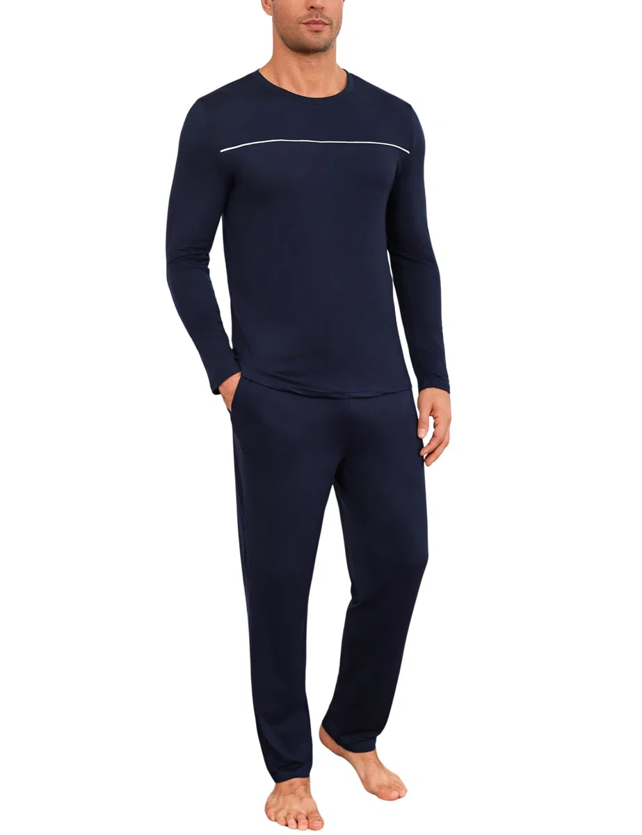 Marvmys Herren Schlafanzug Lang Winter Baumwolle Pyjama Set Rundhals Taschen Verstellbarer Bund Bequeme Nachtwäsche