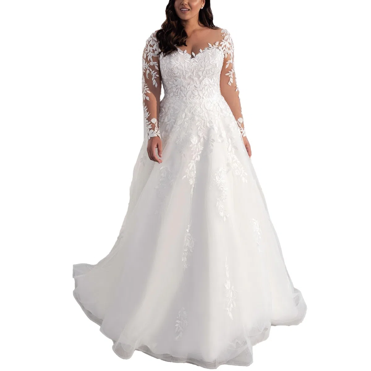 brautkleid a Linie Spitze hochzeitskleid Boho V Ausschnitt Langarm Große Größen mit langem Zug AL-VN595