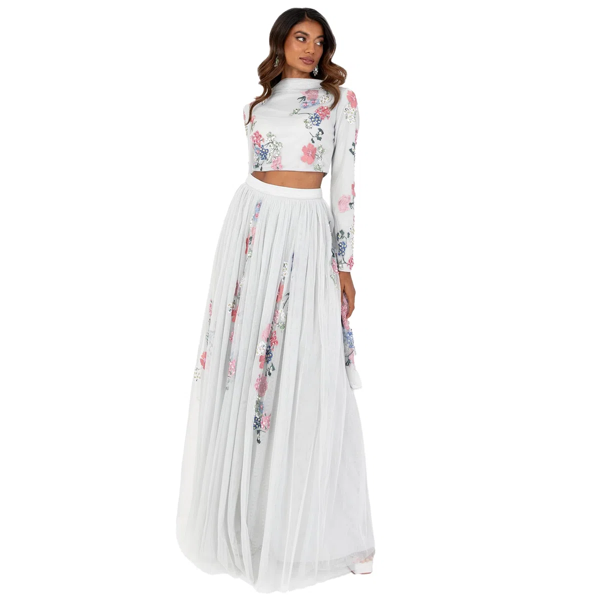 Indian Traditional Dress for Women Outfit Lengha Choli Lehenga Saree Skirt and Top Dupatta Coord Set for Wedding Guest Grey Embrioreded Flowers Size 38
