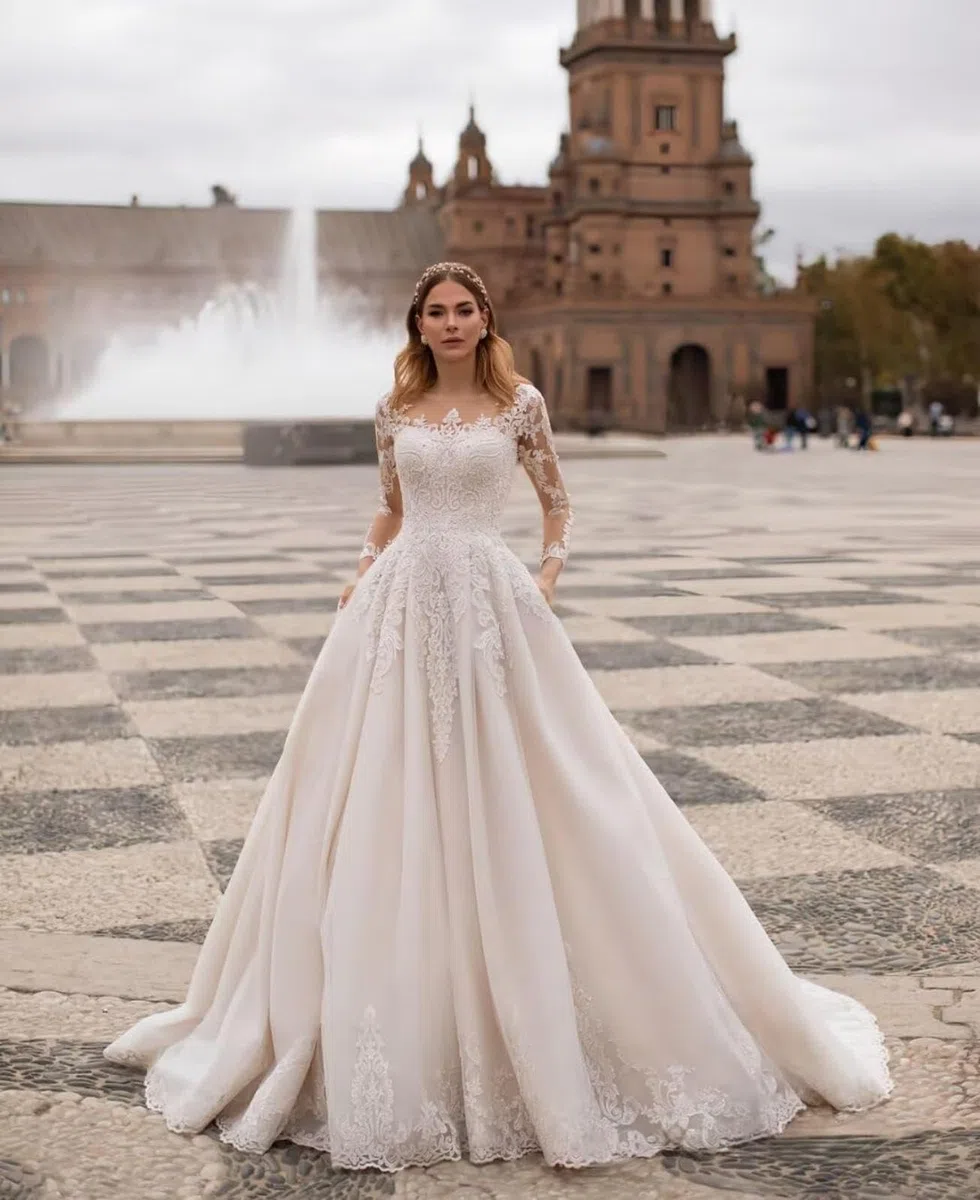 HUINI Hochzeitskleider für die Braut mit Schleppe Spitzen Langarm Tüll A-Linien Falten Brautkleider mit Taschen