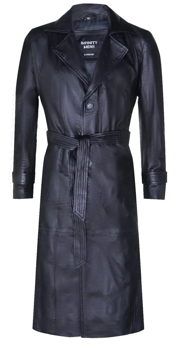 Infinity Leather Klassischer langer Trenchcoat in voller Länge aus schwarzem Leder für Herren