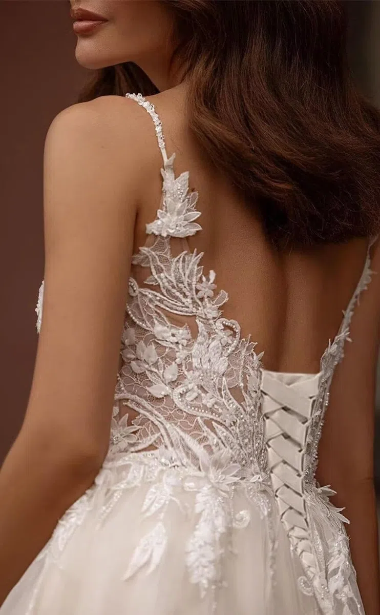 HUINI Brautkleider mit Spitzenapplikationen Langes V-Ausschnitt Tüll A-Linie ärmelloses Hochzeitskleider für die Braut mit Schleppe