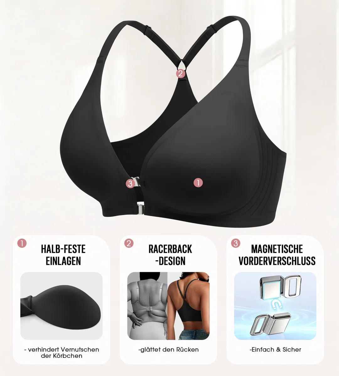 DEANGELMON BH Vorderverschluss Damen ohne Bügel Sexy Tiefer Ausschnitt Racerback T-Shirt BH Nahtloser Bralettes Bra