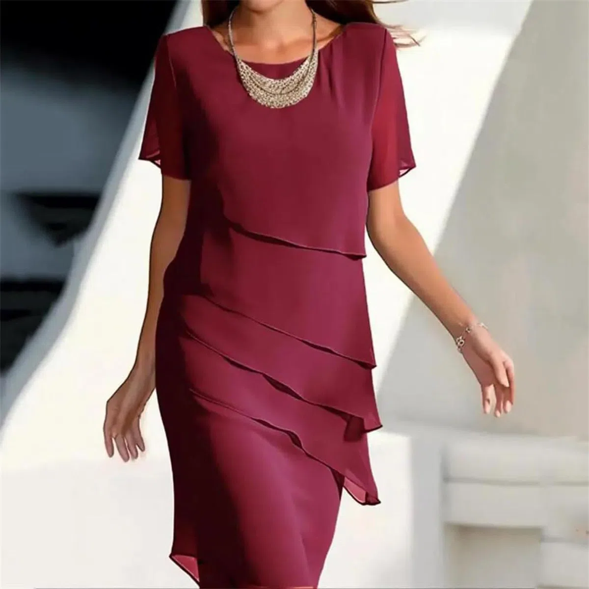 Chiffonkleid Damen Festlich Knielang Kleid Hochzeitsgast Damen Sommer Festliche Cocktailkleid Elegant Kleider Hochzeit Abendkleid Mit Ärmel Festkleid A Linie Chiffon Stufenkleid Frauen Schick