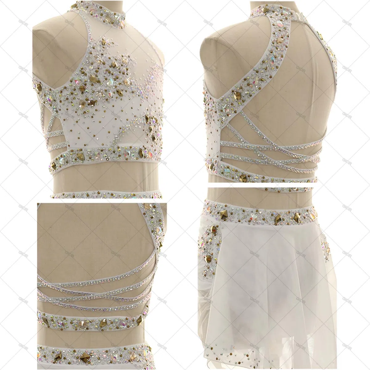 Lyrisches Tanzkostüm für Damen Zweiteiler mit Strass für Bühnenshow | Modernes Tanzoutfit, Elastischer Spandex mit Luftigem Tüll und Chiffonrock, Offener Rücken mit Halterkragen