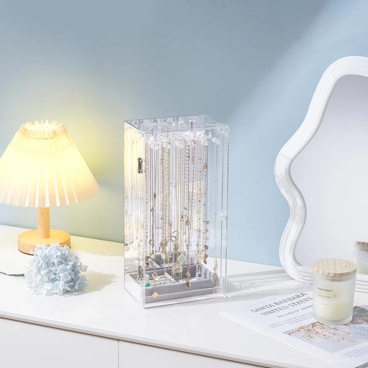 Lolalet Acryl Kettenhalter, Klarer Schmuck Organizer Schmuckständer Box staubdicht Halskette Display Kasten 24 Haken Transparent Schmuck Aufbewahrung Ständer mit Samt Tablett und Spiegel -Klar