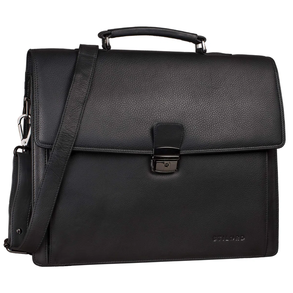 STILORD "Noel Aktentasche Leder Herren Vintage Schwarz Groß klassische Arbeitstasche Bürotasche Umhängetasche Dokumententasche mit Laptopfach 13,3 Zoll und Trolleyschlaufe