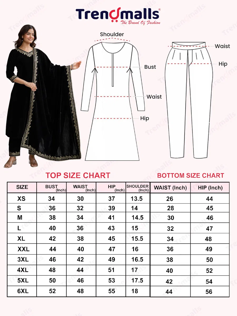 TRENDMALLS Damen Samt Stickerei Salwar Anzug Set A Linie Kurta Hose mit Dupatta Schwarz Kurta Set für Frauen