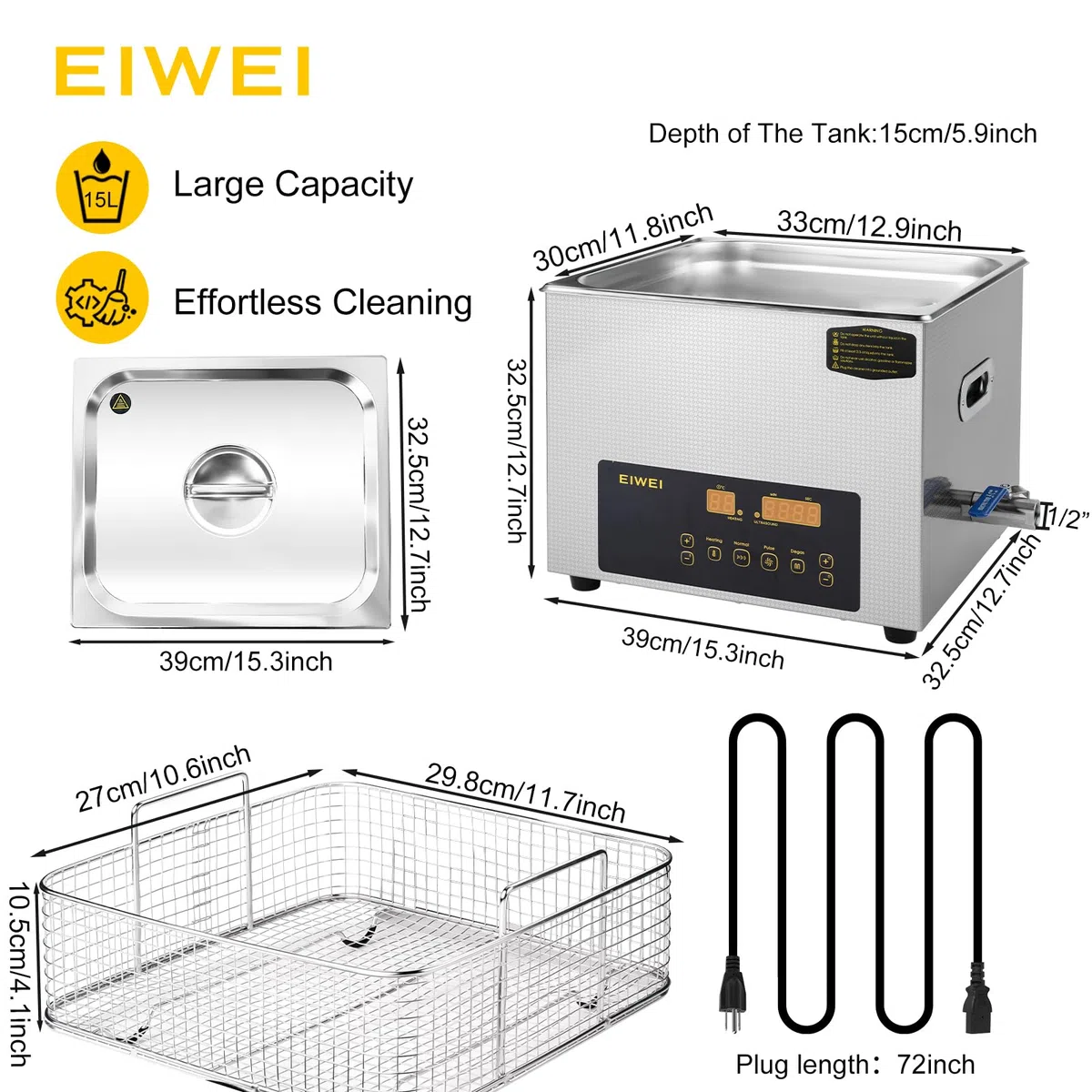 Ultraschallreiniger 15L mit zwei Leistungsstufen (Voll-/Halbleistung), Heizung, Timer & Entgasungsfunktion – ideal für Vergaser, Bauteile, Schmuck, Brillen, Zahnprothesen, Leiterplatten