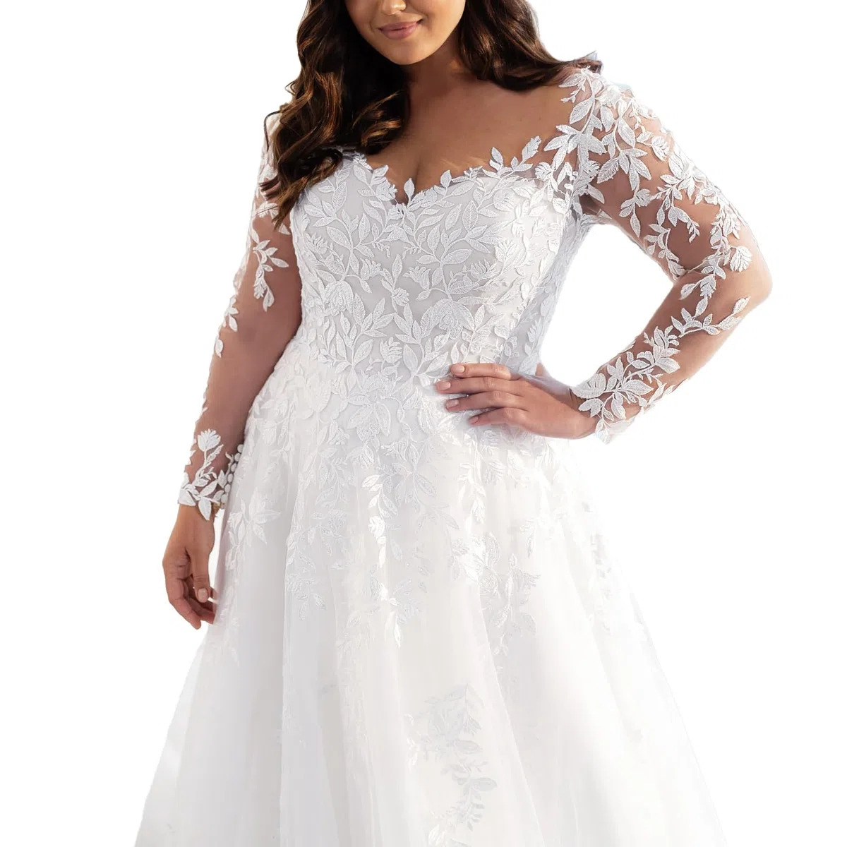 brautkleid a Linie Spitze hochzeitskleid Boho V Ausschnitt Langarm Große Größen mit langem Zug AL-VN595