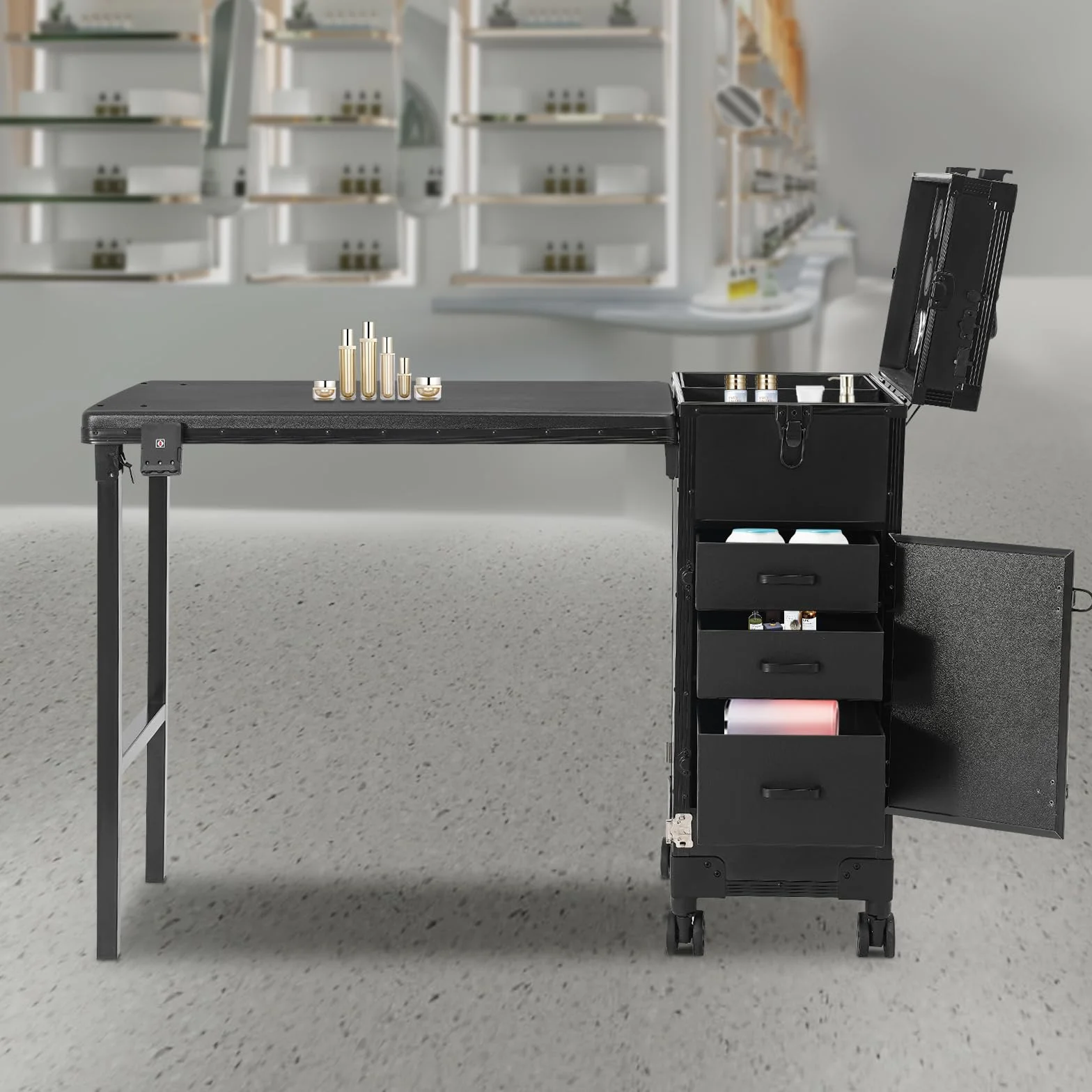 Kosmetik Trolley mit Tisch Rollender Maniküretisch mit LED Spiegel 2 In 1 Faltbar Nageltisch mit 3 Schubladen Reise-Nagelkoffer Make-up Koffer für Nagelkünstler Kosmetikerinnen (Schwarz, Typ B)