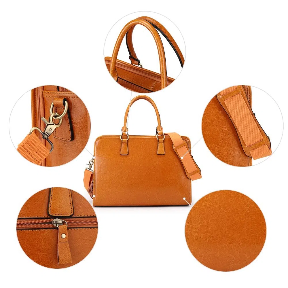 Kattee Aktentasche aus echtem Leder für Damen, große Kapazität, Laptoptasche mit Gepäckanhänger