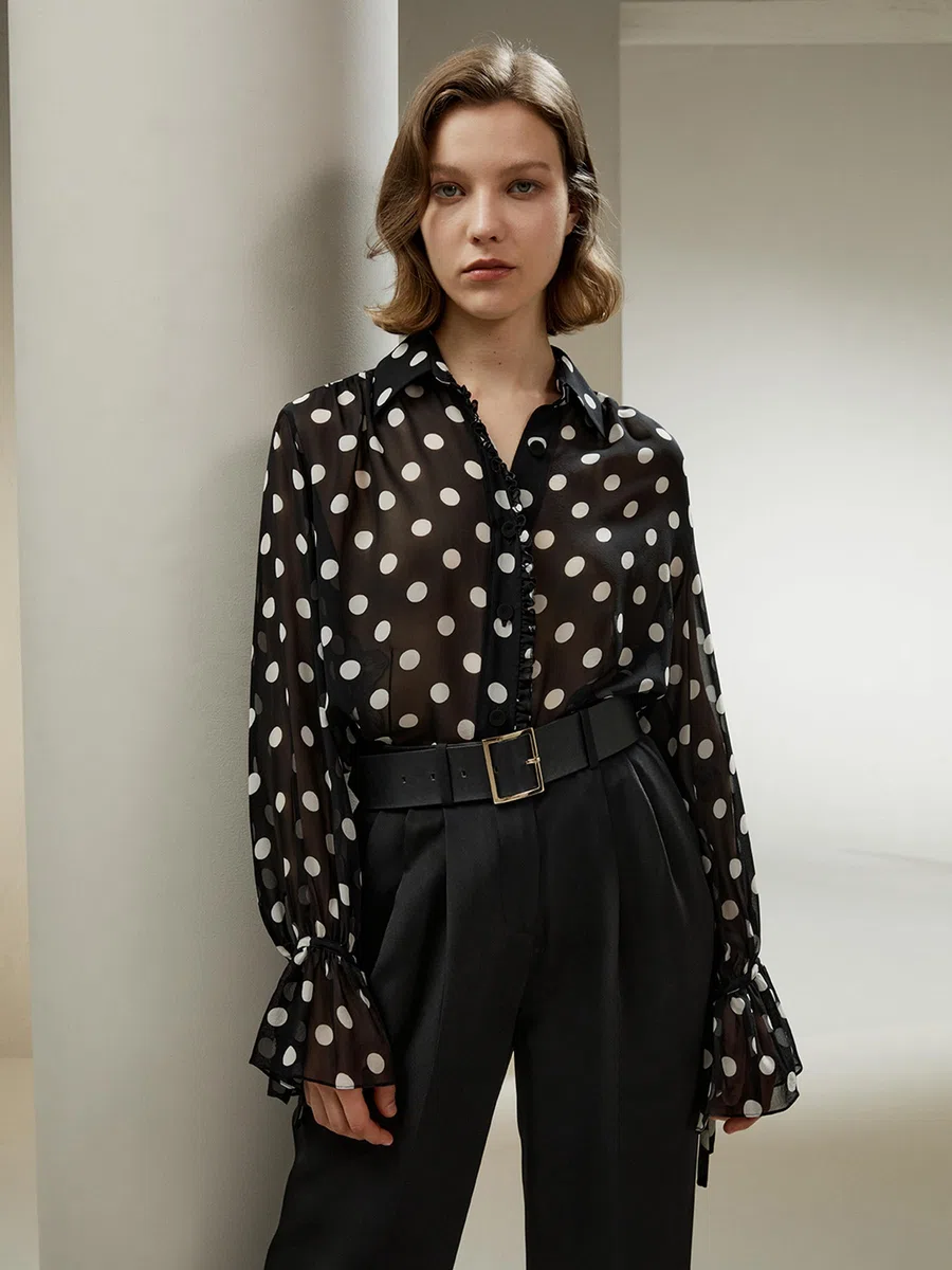LilySilk Damen Seidenhemd Frauen weiße Dot Print Bluse mit Schleifen Ärmeln und Rüschen Knopfleiste am Knopfverschluss leicht und glatt
