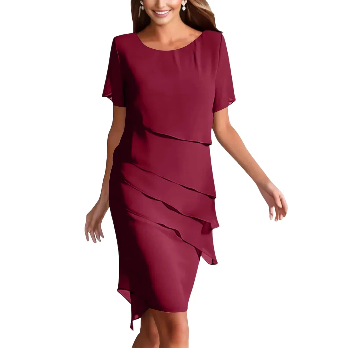 Chiffonkleid Damen Festlich Knielang Kleid Hochzeitsgast Damen Sommer Festliche Cocktailkleid Elegant Kleider Hochzeit Abendkleid Mit Ärmel Festkleid A Linie Chiffon Stufenkleid Frauen Schick