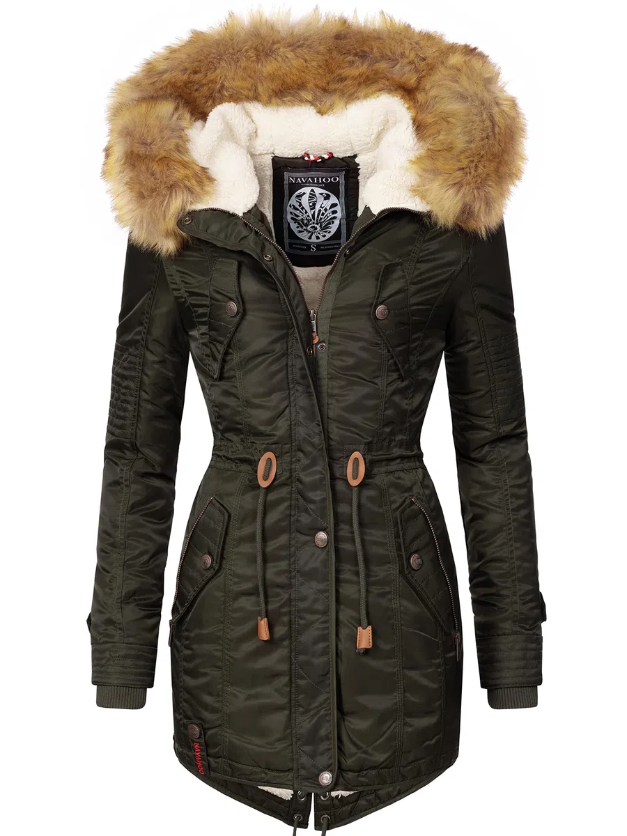 Navahoo Damen Wintermantel Warmer Parka lang mit Kapuze La Viva XS-3XL