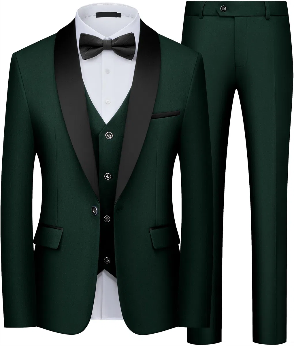 Herren 3-teiliger Slim Fit Smoking Anzug mit 1-Knopf-Sakko, Schalrevers, Sakko Weste Hose Set für Hochzeit & Prom