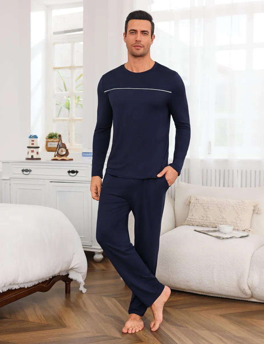 Marvmys Herren Schlafanzug Lang Winter Baumwolle Pyjama Set Rundhals Taschen Verstellbarer Bund Bequeme Nachtwäsche