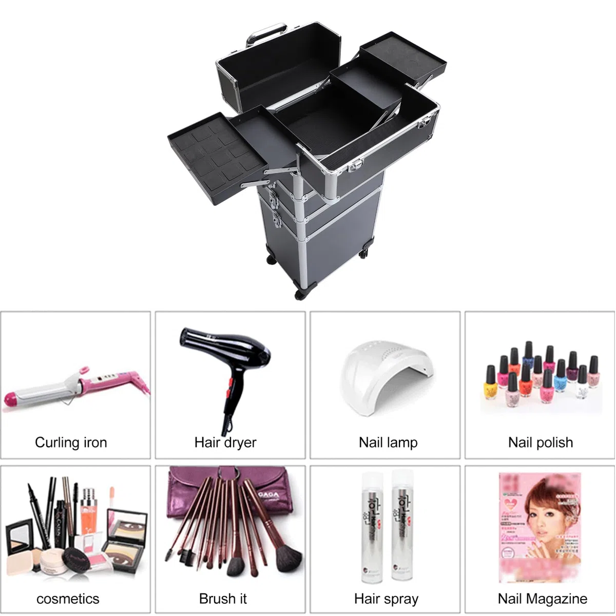 Schwarzer Kosmetikkoffer mit Trolleyfunktion, 4 Ebenen, Aluminiumlegierung