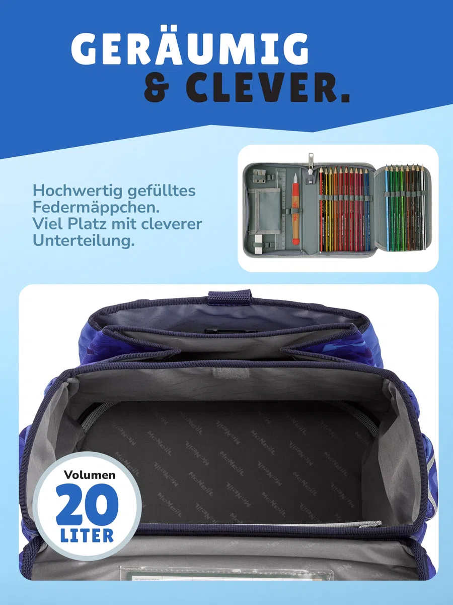 Familando - McNeill Ergo Complete Schulranzen Set - 10-teilig mit Schultüte - Puzzle - Ergonomisch & 3-Fach verstellbar - 1150g leicht mit 20L Volumen & Reflektoren - Für Grundschule ab 1. Klasse