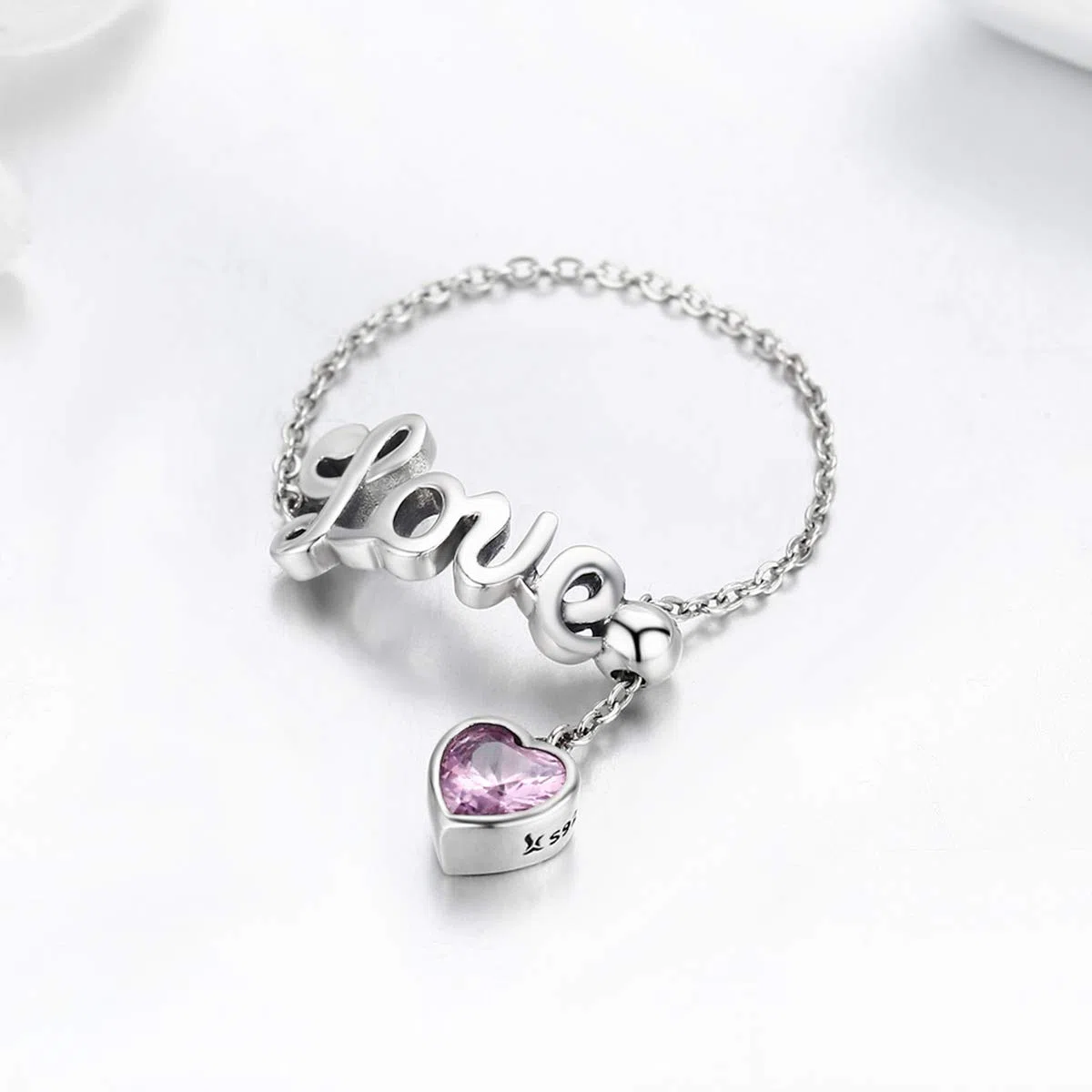 Love Statement Ehering, Sterlingsilber, rosa Kristall, herzförmig, baumelnd, Quaste, Versprechen, Verlobung, offen, verstellbar, Kettenring für Frauen und Mädchen, Unendlichkeitsgeschenk, Geschenk zum