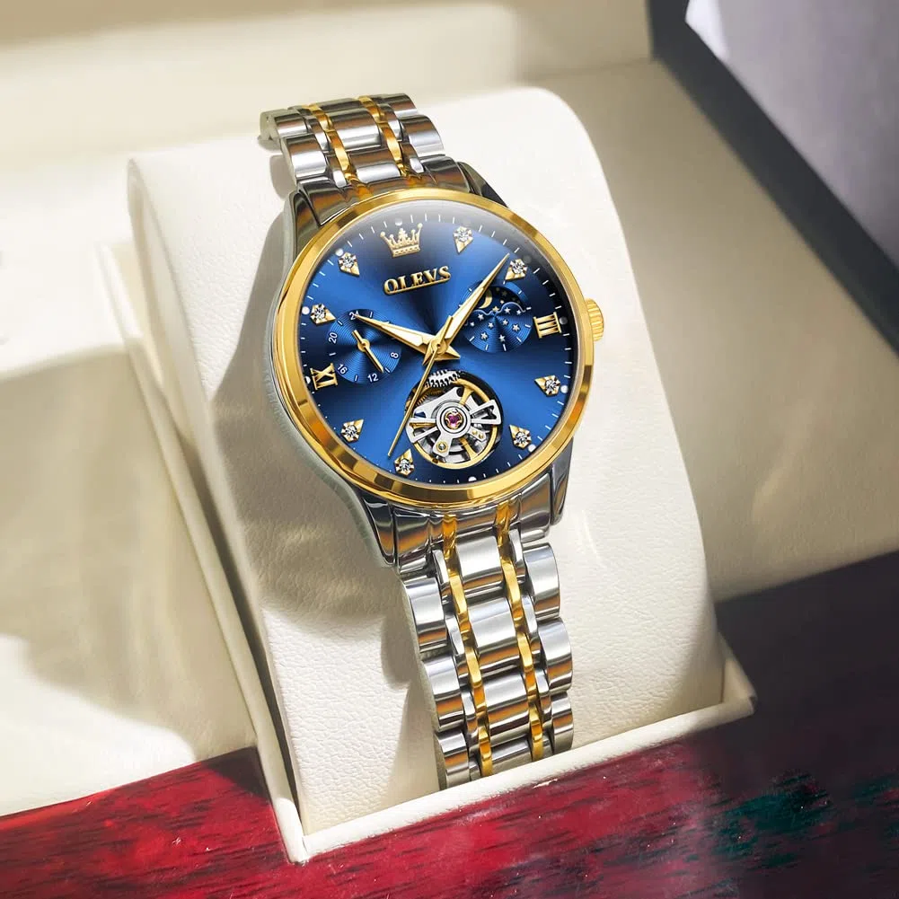 OLEVS Damenuhr Damen Automatik Mechanisch Skelett Diamant Luxus Elegant Edelstahl Wasserdicht Armbanduhr Damen