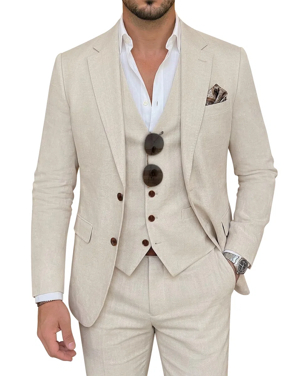 Herrenanzug, 3-teilig, Leinen, schmale Passform, Blazer, Weste, Hose, Set, Hochzeit, Abschlussball, Smoking, Business, Freizeitanzug