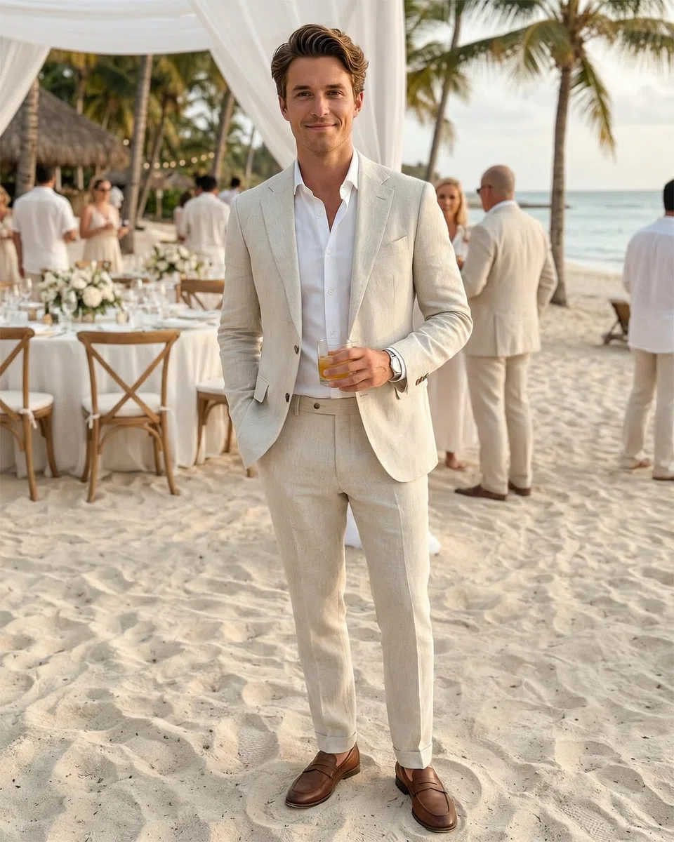 Herrenanzug, 3-teilig, Leinen, schmale Passform, Blazer, Weste, Hose, Set, Hochzeit, Abschlussball, Smoking, Business, Freizeitanzug